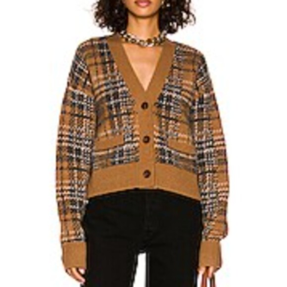RE/DONE  90s Crop Cardigan Caramel Multi Tan Plaid Cozy Boxy Size L NEW - Picture 1 of 13